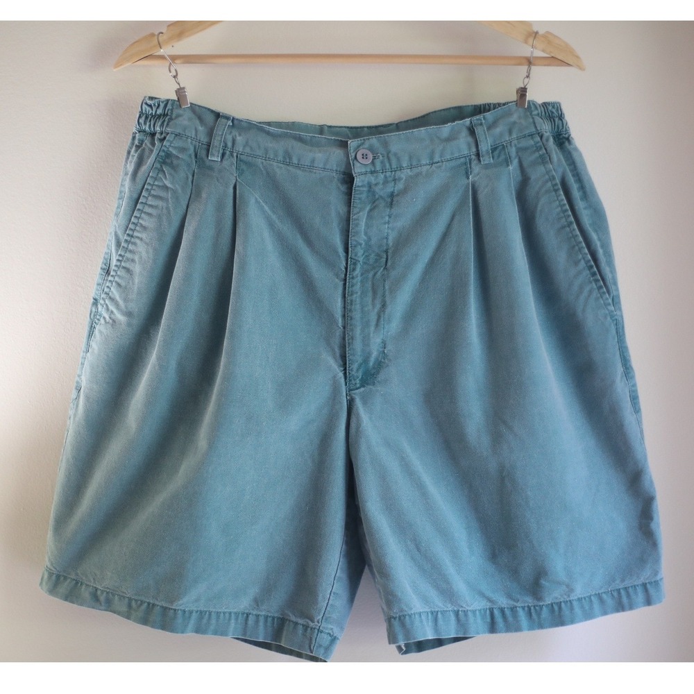 Haggar Casual Wear Mens Vintage Pleated Cotton Shorts Teal Blue 36 Elastic Waist